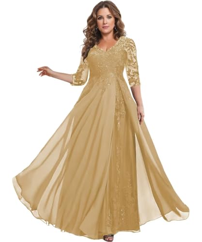 Image of HANVAIOS Sparkly Mother of The Bride Dresses for Women Long Chiffon 3 /4 Sleeve Lace Appliques Formal Gown