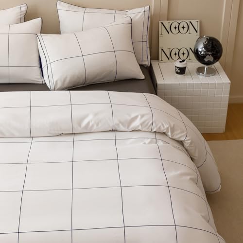 Image of KAREVER White Grid Comforter Queen Women Navy Blue Square Lines Checkered Bedding Set Queen White Plaid Comforter Queen Size