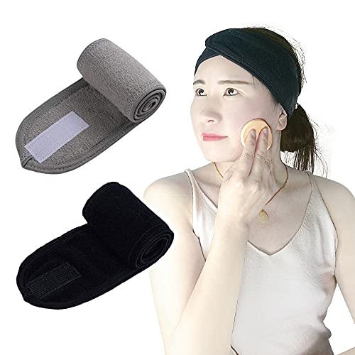 Artyunt Facial Spa Headband - 2 Pcs Makeup Shower Bath Wrap Sport Headband Terry Cloth Adjustable Stretch Towel with Magic Tape (Black+Gray)