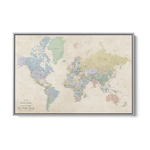 Image of Push Pin Travel Maps Sandy Dreams World Pin Board - Personalized Canvas Travel Map with Pins, Adventure Wall Art Decor for Tracking Trips - Silver Float Mount Frame - 30 inch x 45 inch