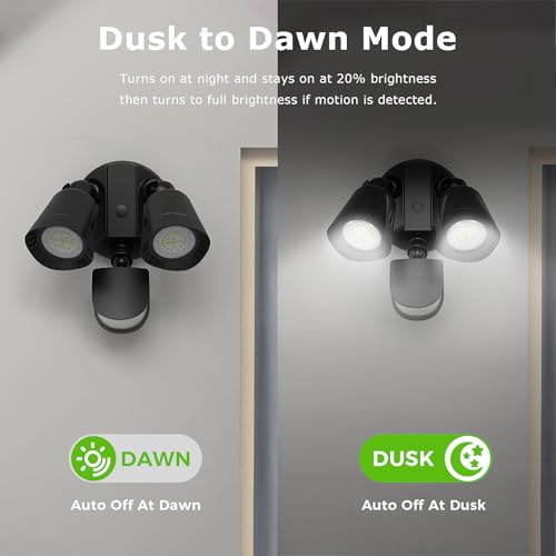 Dual-Head 24W LED Security Lights Motion Sensor Outdoor, 360° Adjustable Color Temperature (2700K-6500K), 1800LM IP54 Waterproof, 240° Detection & 65ft Range for Garage Yard Porch, Black image 4