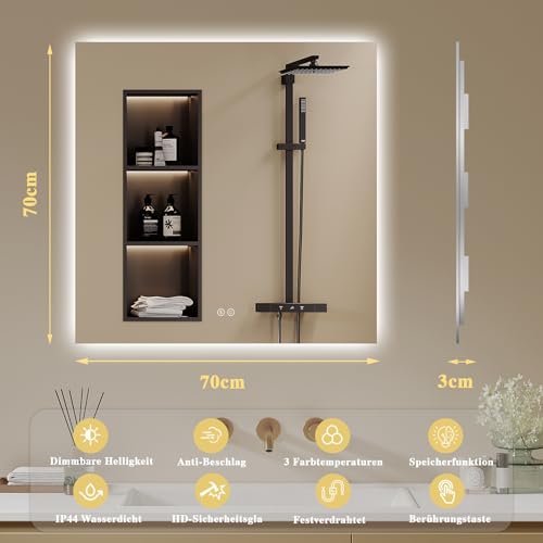 Archaluxe Badspiegel-mit-Beleuchtung 70x70cm - LED Badezimmerspiegel Badezimmer Spiegel mit Beleuchtung, Touch-Schalter, Dimmbar… – Ansicht 2