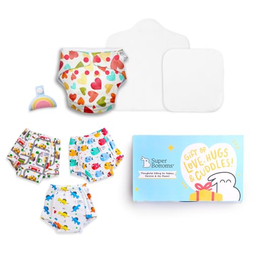 Image of SuperBottoms Toddler Diapering & Potty Training Gift Pack- 1 Reusable Freesize UNO Cloth Diaper with 1 organic Cotton Insert Pad + 1 Booter pad + 3 Padded Underwear + 1 Charmling (3m- 3 yrs) 7 items