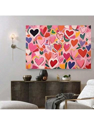 Peinture murale rose pour raviver un mur terne grâce à une toile cœur d'amour colorée
