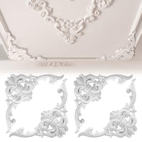 Colingmill 4 Pcs Ceiling Molding Kit Corners Murals Trim French Style Accent Wall Decor for Interior Medallion Ceiling with Flowers Pattern Decorative Panels for Wall (11.8 x 11.8 in,Elegant)