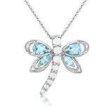 Sterling Silver Multi-Gems and Genuine White Diamonds Dragonfly Pendant Necklace, 18