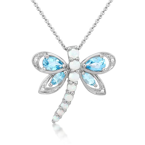 Jewelili Dragonfly Pendant Necklace in Sterling Silver with Multi-Gems and Genuine White Diamond, 18