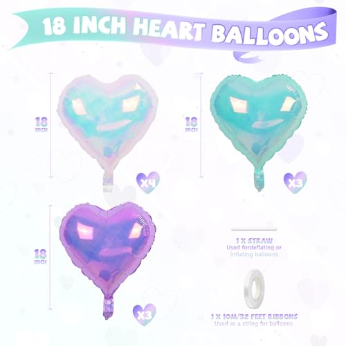 Image of Iridescent Heart Balloons, 10 Pcs Crystal Heart Shaped Balloon, 18 Inch Transparent Gradient Blue Purple Foil Balloons for Engagement Brithday Baby Shower Wedding Valentines Mermaid Party Decoration