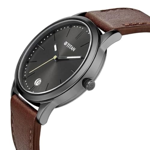 Image of Titan P3H +Date @ 6H Classique Anthracite Round Dial Brown Colour Leather Strap Mens Watch - 1806QL01