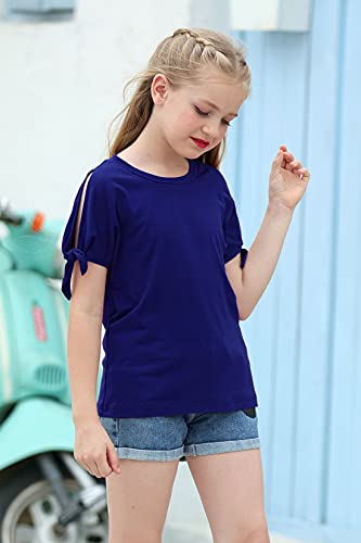 Image of GORLYA Girls Slit Sleeve Tie Knot Cuff Knit Tunic Top 4-14Y | Seamless knit, cold shoulder slit sleeves with tie-knot cuffs, solid & stripe options, ideal for school and casual outings.