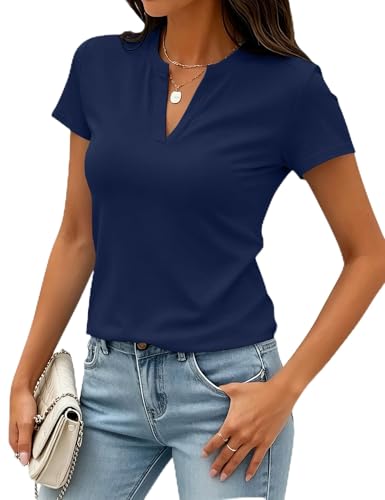 Image of Meetrendi Women's Notch V Neck T-Shirt Slim Fit Premium Cotton Blend Short Top