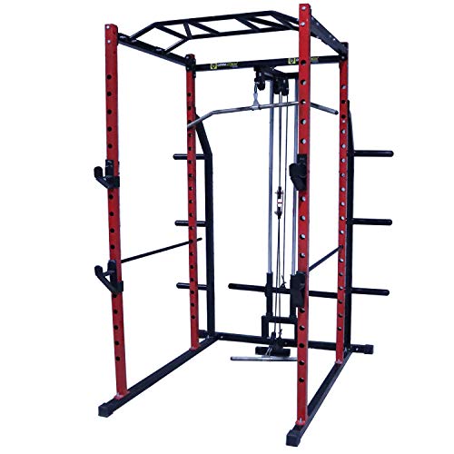 Image of Gamma Fitness Steel Power Squat Rack PR-27 with LATS Pull Down, Rowing Land Mine, Multi-Step Chinning for Home Gym Or Commercial Gym Purpose (Red, Black)