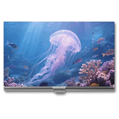 Jellyfish Swimming Business Card Holder Slim - Metal Aluminum Alloy Credit Card Holder Case, Professional Flip Cover Business Cards Organizer Wallet for Men & Women (Buckle Style)