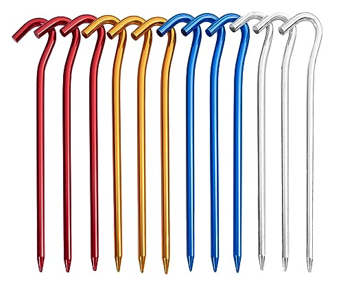 GOTTE 12 PCS Metal Tent Stakes Tent Pegs with Hook for Camping Ground Rug Party Tarp (7 Inch)