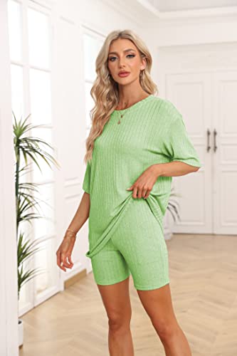 Bekofo Lounge Sweatsuits Tracksuits Women Short Sleeve Sets Matching Outfits Ribbed Knit Pajama Sets Pjs Tshirt And Bike Shorts For Summer Green Xx-Large #TOP3