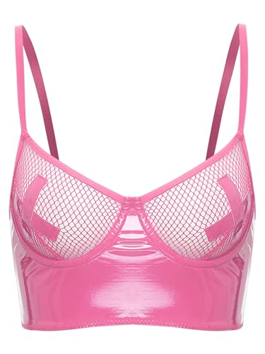 TiaoBug Damen Wetlook BH Ouvert Fishnet Schale Bra mit Einstellbare Spaghettiträgern Lack Leder Bikinioberteil Push Up Unterwäsche Crop Top Clubwear...