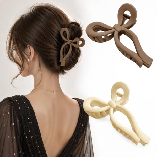 Image of Bakefy- 2 Pcs Bow Hair Claw Clips for Women & Girls, Elegant Ribbon Bow Hair Clutcher Set, Strong Hold Non-Slip Large Claw Clips, Cute Korean Hair Accessories for Thick, Thin, Long & Short Hair