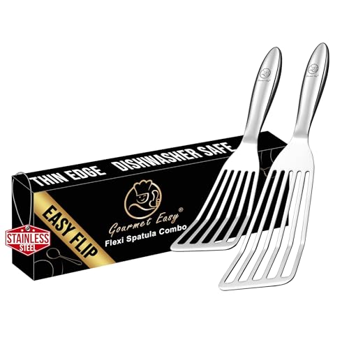 Stainless Steel Fish Spatula Set – 1 Large Fish Turner + 1 Small Metal Spatula, Ultra Thin Edge for Easy Turning & Flipping, Metal Kitchen Untensils with Ergonomic Non-Slip Handle, Dishwasher Safe