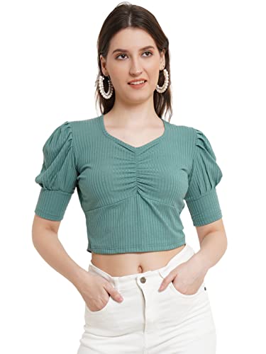 Image of POPWINGS Solid Ribbed Slim Fit Crop Tops for Women | Polycotton Stylish Western 3 /4 Puff Sleeves Casual and Summer Crop Tops for Women