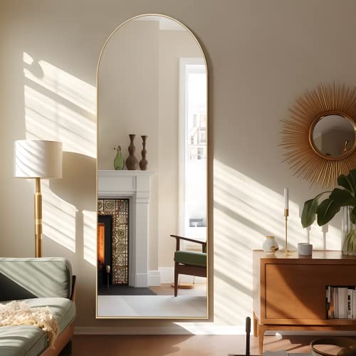 Image of NeuType 65 inchx22 inch Arched Full Length Mirror Large Arched Mirror Floor Mirror with Stand Large Bedroom Mirror Arched Shape Wall Mounted Mirror Hanging or Leaning Against Wall, Wood Frame, Burlywood