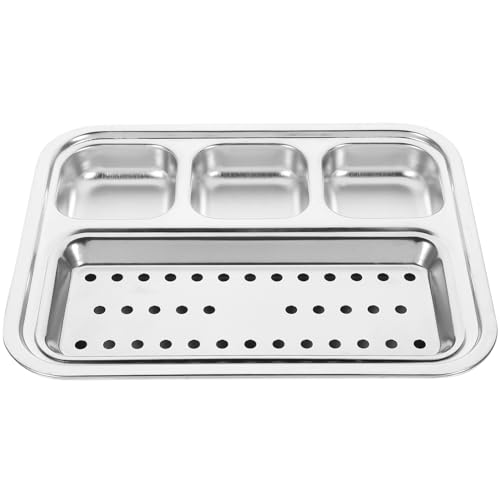 SOLUSTRE 1 Set Stainless Steel Divided Food Plate Compartment Dipping Sauce Dish with Oil Filter for Camping Picnics Indoor Outdoor Use Easy to Clean