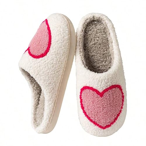 Image of Women's Men's Cute Fuzzy Heart Slippers Memory Foam Fluffy Couple Slippers Cozy House Indoor Outdoor Shoes