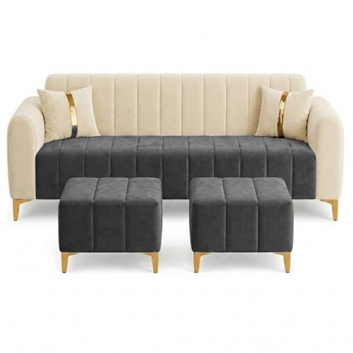 Image of FURNY Harmony 5 Seater L Shape Sofa Set with 2 Movable Ottoman & Golden Legs | Flexible Left or Right Layout | Plush Velvet Fabric (Dark Grey-Cream) | Perfect for Living Room, Guest Room & Office