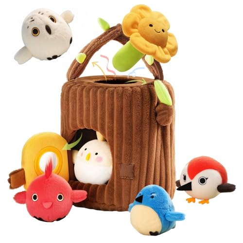 Image of Evoceler Surprise Tree Stump with Birds, Rattle, Crinkle Paper,Squeaker & Mirror | Soft Montessori Toys for 6 Month Old Babies | Sensory Toddlers 1-3, 1 Year Old Boy Girl Gifts, Baby Toys 6-12 Months