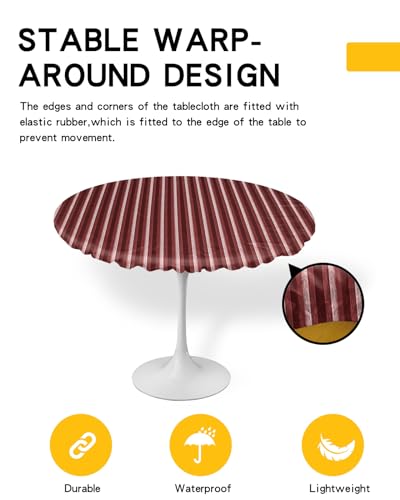 Abstract Red Round Waterproof Table Cover Fitted Tablecloth, Wipeable Fabric Elastic Table Cloth Oil-Proof Tablecover for Indoor Outdoor Picnic Party, Contemporary Minimalist Gradual Lines 55