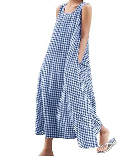 Image of chouyatou Women's Summer Casual Loose-Fit Cotton Plaid Tank Maxi Dress with Pockets Boho Beach Sundress