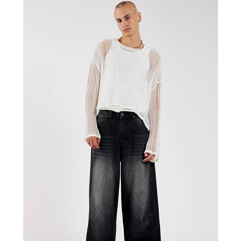 Evankin Men's Long Sleeve T-shirt Hollowed out Semi See Through Top Elastic Loose Knit Sweater Base Layer Bottom Underwear2