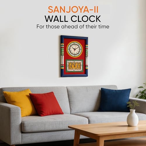 Image of AAKRITI ART CREATIONS Wall Clock Handcrafted Warli Art Red Dial with Glass Frame Blue, Red | Wall Clock for Home, Home Decoration | Lightweight Wooden wall Decor | Matte Finish