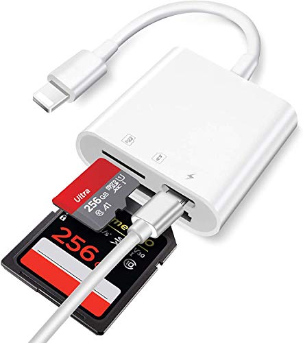 [Apple MFi Certified] Lightning to SD/Micro Card Reader for iPhone/iPad, 3 in 1 Memory Card Reader Adapter with Charging Port, Trail Game Camera SD Card Reader Viewer, No App Required Plug and Play