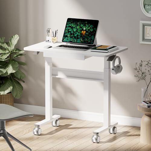 DAWNYIELD Computertisch pneumatisch höhenverstellbarer(88x50cm), Laptoptisch mit Rollen und Schublade, Überbett-Tisch, Steh-Sitz Schreibtisch für Büro, Wohnzimmer, Schlafzimmer, kleine Räume, Weiß