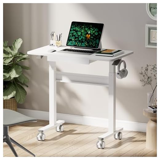 DAWNYIELD Computertisch pneumatisch höhenverstellbarer(88x50cm), Laptoptisch mit Rollen und Schublade, Überbett-Tisch, Steh-Sitz Schreibtisch für Büro, Wohnzimmer, Schlafzimmer, kleine Räume, Weiß