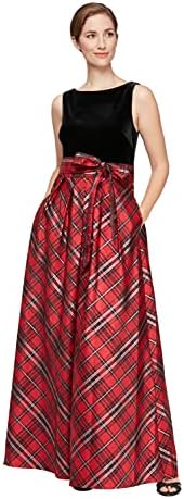 S.L. Fashions Women's Long Satin Party Dress 3/4 Sleeve and Sleeveless has Pockets, Black Red Plaid, 14