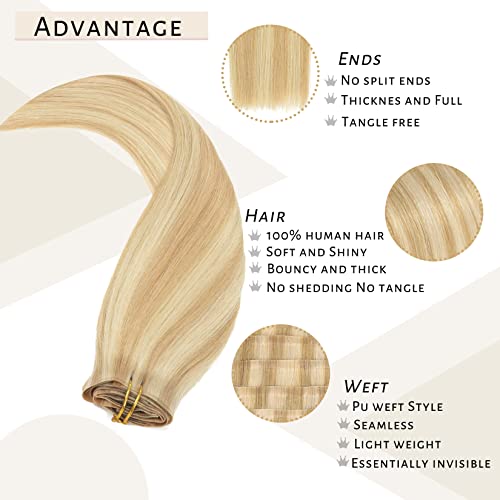 Caliee 16Inch Seamless Hair Extensions Clip In Human Hair 100G Skin Weft 7Pcs Fine Hair Silky Straight Real Hair Extensions P12-60A Dark Ash Blonde Mixed Platinum Blonde Balayage Clip In Extensions For Thin Hair #TOP2