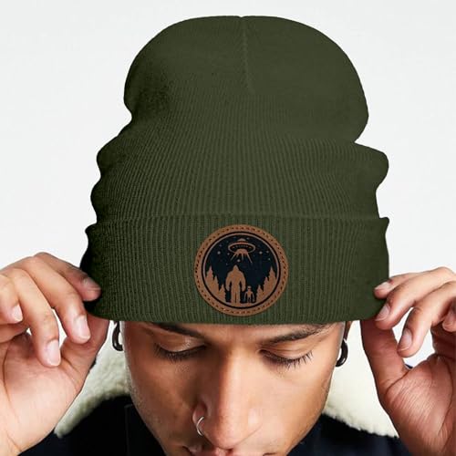Image of Big Foot Beanie Hat, Sasquatch Leather Patch Winter Knit Skull Cap Bigfoot Gifts for Adult Men Women