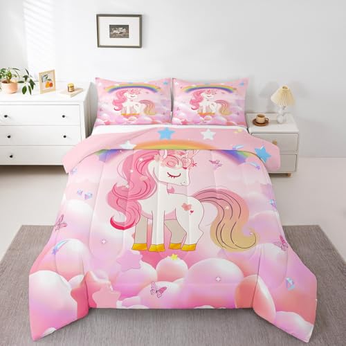 Image of Erosebridal Unicorn Girls Bedding Set - Queen Size Cute Rainbow Comforter Set Kids Cartoon Kawaii Cute Duvet Set Pink Unicorn Quilt Stars Fantasy Girls Room Decor Teens Children Reversible