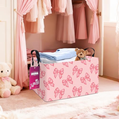 Image of Rectangular Storage Basket Fabric Organizer Bin for Toys,Books,Clothes,Gifts,Pets-Perfect for Home,Office,Nursery,Dorm,Shelf(Rec-Pink bowknots )