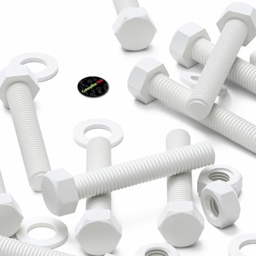 Image of 10x White Hexagon Head Polypropylene (PP) Plastic Nuts & Bolts, Washers, M10 x 60 mm, (25 /64 x 2-23 /64 in)