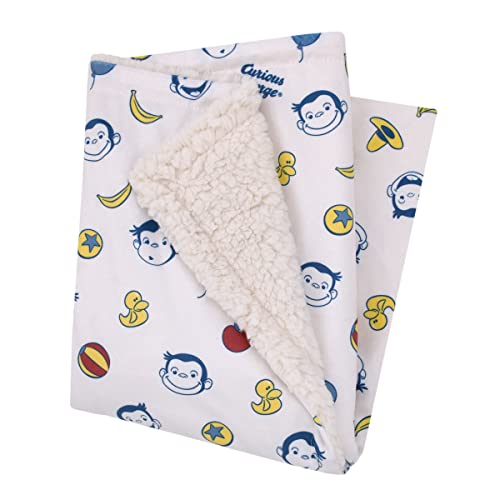 Image of NoJo Welcome to The Universe Baby Curious George White, Blue, Red, and Yellow Balloons, Bananas and Hats Super Soft Sherpa Baby Blanket