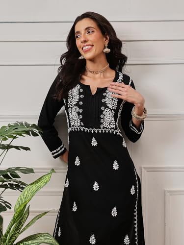 Image of Ada Women's Cotton Straight Fit Tunic Hand Embroidered Straight Lucknow Chikankari Kurta Kurti A411435
