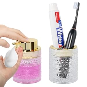 Fvstar 2pcs Glass Toilet Equipment Set,Foaming Cleaning soap Dispenser and Gold Toothbrush Holder,Foam Cleaning soap Dispenser and Tooth Brush Cup Holder Organizer for Toilet Countertop and Self-importance