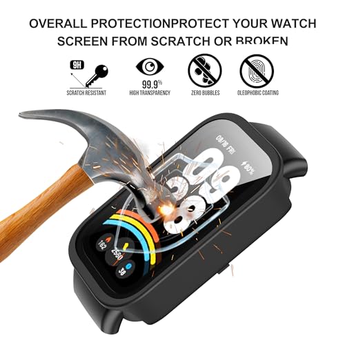 Heioloo Schutzhülle für Xiaomi Smart Band 9 Active Hülle mit Gehärtetem Glas, 360° Rundum Displayschutz Anti Kratzen Case Cover für Xiaomi Smart Band 9 Active - Schwarz