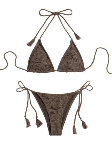 Image of ZAFUL 2 Piece Triangle Bikini for Women Knitted Rope Halter Bikini Sets Sexy Bathing Suit Side Tie Swimsuits Beachwear