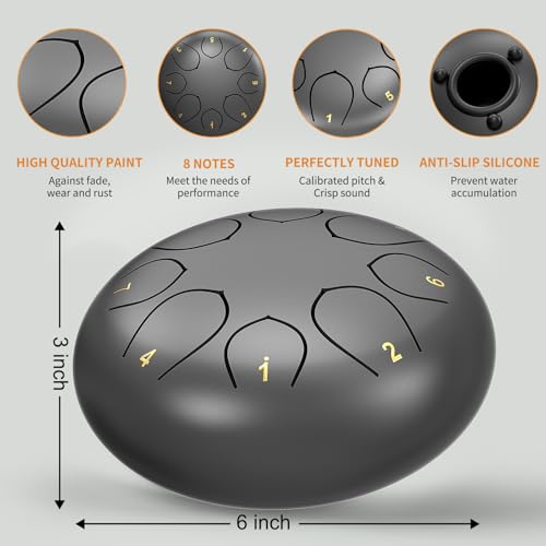 Image of Rain Drum for Outside Garden, 6 Inches 8 Notes Steel Tongue Chakra Drums, Waterproof Echo Rain Chime Meditation Drums, Musical Instruments for Adult Gift with Bag, Music Book, Drum Mallets (Black)