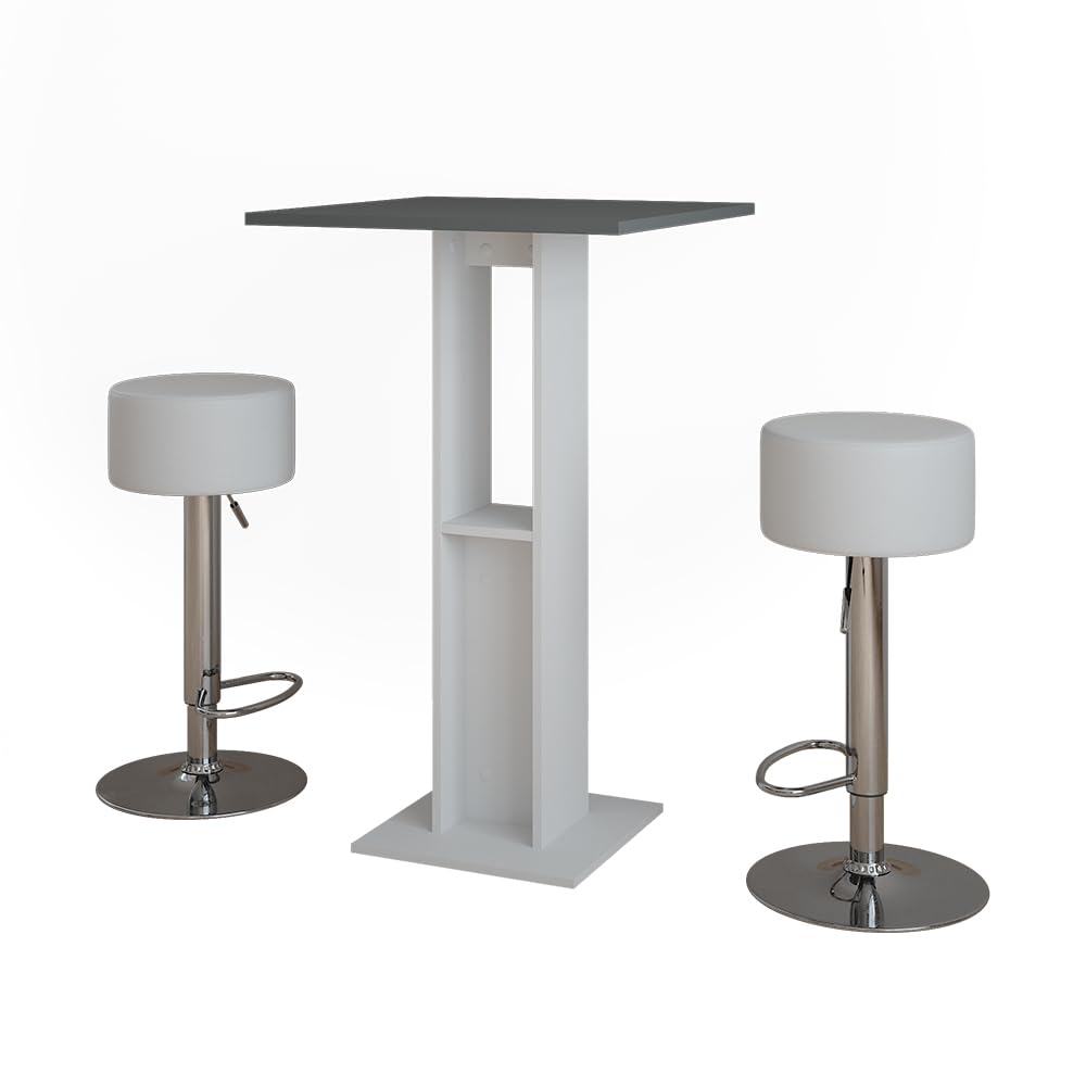 Vicco Bartisch-Set Repose, Weiß/Anthrazit, 65 x 65 cm mit 2 Barhockern, mit seitlichem Regal zur Aufbewahrung von Flaschen und Gläsern