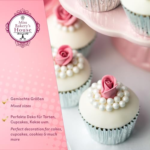 Miss Bakery’s House® Essbare Zuckerperlen – Weiß - 120 g – Dekorperlen aus Zucker für die Tortendeko, Desserts, Cupcakes – Streuselmischung – Streu-Dekor Perlmutt