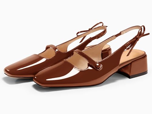 Image of Coutgo Womens Mary Jane Shoes Slingback Chunky Low Heels Bow Closed Square Toe Pumps Wedding Party Dress Shoes